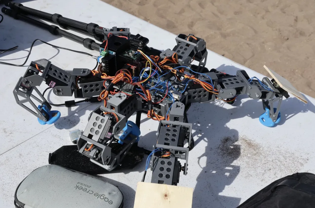 Close-up of the hexapod's custom electrical system and wiring